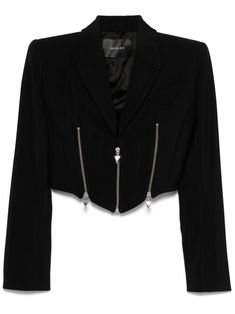 black textured finish front zip fastening V-neck notched lapels shoulder pads long sleeves buttoned cuffs zip details branded zip puller full lining curved hem cropped Zip Puller, Wardrobe Edit, Yoko London, Exclusive Fashion, Cropped Jacket, Workout Jacket, Asymmetric Hem, Zip Up, Jacket Tops