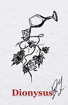 a drawing of a wine glass on top of a vine with the word dionyus written below it