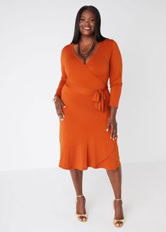 Embrace effortless elegance in our stretch-knit dress, featuring a beautifully draped faux wrap neckline and skirt. The waist-defining belt accentuates your figure, while the flounced hemline is a delicate dose of flirty femininity. Plus Size Semi Formal, Wrap Dress Plus Size, Plus Size Wrap Dress, Plus Size Work Dresses, Plus Size Trendy, Plus Size Work, Church Dress, Stretch Knit Dress, Semi Formal Dresses