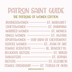 the patron saint guide for women is shown in pink and white with gold lettering on it