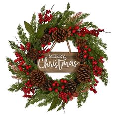 a christmas wreath with pine cones, berries and greenery hanging on a wooden sign