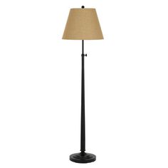 a black floor lamp with a beige shade on the base and a light brown shade on the top