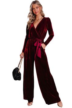 This casual jumpsuit is made from luxurious velvet fabric, providing a soft and elegant touch The wide-leg design provides comfort and freedom of movement The V-neck wrap design creates a visually appealing and chic look It is designed with a waist tie for a customizable fit and adds definition to the waistline (1) Size Chart (CM) Sizes Bust Sleeve_Length Length Trousers_Waist Hip Bottoms Inseam Outseam Relax Relax Relax Relax Relax Relax Relax Relax S 96 61 145.8 69 102 68 73.8 106.5 M 102 62 1 Gatsby Outfits, Summer Evening Dresses, Womens Rompers, Black Outfits For Women, Stunning Black Dresses, Christmas Velvet, Fashion Jumpsuits, Christmas Attire, Prom Evening Dresses