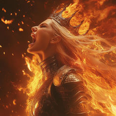 a woman with her mouth open in front of fire and flames behind her is the words game of thrones