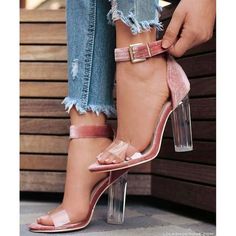 Transparent Chunky Heel Peep-toe Ankle Strap High Heel Pumps Sandals Q-0019 High Heels Classy, Ankle Strap Chunky Heels, Transparent Heels, Prom Heels, Ankle Strap High Heels, Heels Classy, Buckled Heels, Chunky Heels Sandals, Fashion Heels