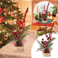 two vases filled with red flowers on top of a table next to a christmas tree