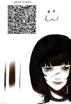 a girl with black hair has a qr code on her face