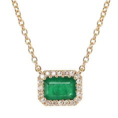 14kt gold and diamond emerald halo necklace on adjustable 16 - 18" chain *total emerald weight: 1ct *total diamond weight: .15ct Emerald, a powerful stone in preserving love and healing the heart, carries soothing energy and provides freshness and vitality to the spirit. Emerald promotes friendship, balance between partners, and is particularly known for bringing loyalty. It was dedicated in the ancient world to the goddess Venus for its ability to ensure security in love. **each piece is made w Pendent Necklace Gold, Healing The Heart, Love And Healing, Emerald Halo, Diamond Necklace Designs, Halo Necklace, 18k Gold Necklace, Gold Diamond Jewelry, Pendent Necklace