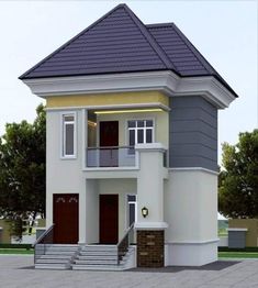 a two story house with stairs leading up to the second floor