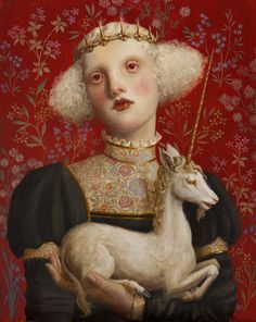 a painting of a woman holding a lamb in front of a red background with flowers