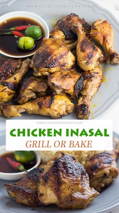 chicken inaal grill or bake on a plate with sauces and green peppers