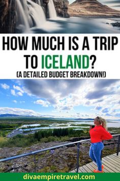 a woman standing on top of a wooden deck next to a waterfall with the words how much is a trip to iceland?