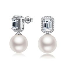 PRICES MAY VARY. 【Stylish Pearl Earrings】Natural round white pearls 12mm size.The classic and versatile pearl earrings paired with emerald-cut diamonds, shining and captivating. 【Top Quality】100% pure 925 sterling silver pearl dangle earrings. Without harmful ingredients, nickel-free, lead-free and cadmium-free, perfect choice for sensitive ears. 【Suitable for Any Occasion】Comfortable to Wear. Each silver dangle earrings are made with the highest quality craftsmanship. 【Perfect Gift】JiayangJY Je Earrings Emerald, Halo Stud Earrings, Pearl Bridal Jewelry, White Pearl Earring, Pearl Dangle Earrings, Diamond Dangle Earrings, Halo Earrings Studs, Earrings Round, Silver Dangle Earrings