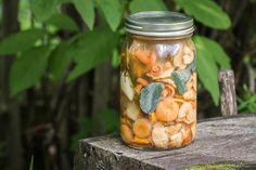 a jar filled with food sitting on top of a wooden table next to some trees