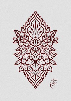 an intricately designed wallpaper with flowers and leaves in red on a white background