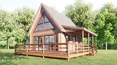 a small wooden cabin sitting on top of a lush green field