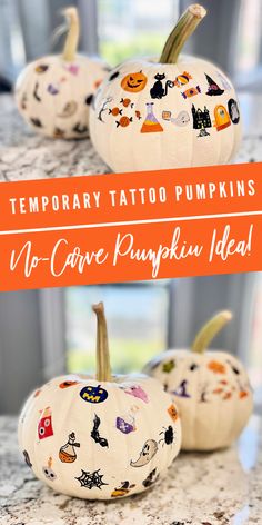 white pumpkins decorated with Halloween-themed temporary tattoos Mess Free Halloween Crafts, Pumpkin Paint Party Ideas, No Mess Pumpkin Decorating For Kids, Mess Free Pumpkin Decorating, Mess Free Pumpkin Decorating For Kids, Decorating Pumpkins Without Carving Kids, Pin The Nose On The Pumpkin, Mini Pumpkin Decorating Ideas For Kids, Pumpkin Decorating Party For Kids