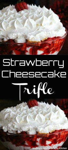 strawberry cheesecake trifle in a glass dish with whipped cream on top