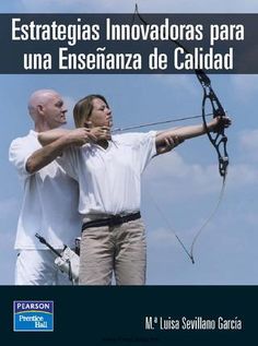 a man and woman are aiming at something with the words estrategas innovados para una ensenanza de calidad