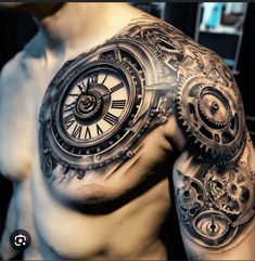 Old Fashion Clock Tattoos, Chest Tattoo Men Ideas Sketch, Clock Gears Tattoo Design, Clock And Gears Tattoo Design, Tattoo Clock Men, Unique Clock Tattoos, Time Piece Tattoos, Clock With Gears Tattoo Design, Chest Arm Tattoo Men