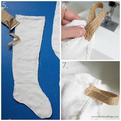 three pictures showing how to make a stocking