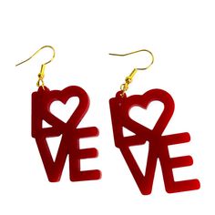 These make such an adorable addition to any Valentine's Day outfit. A quick laser cut and easy to sell at craft fairs or shows. Love these in red acrylic but you can mix and match them with different acrylic colors. Great to use up scraps. Fun Red Plastic Jewelry, Red Plastic Earrings For Gift, Love Word, Valentine's Day Outfit, Catalog Design, Timeless Gifts, Lovely Earrings, Day Outfit, Etsy Earrings Dangle