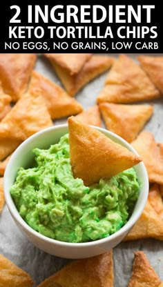 a bowl filled with guacamole and chips