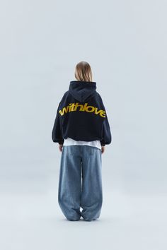 Unisex navy blue oversized boxy fit hoodie. 'Scuffers' and double moon logo imprinted in yellow on the front 'With Love' imprinted across the back. Made out of 100% cotton, french terry fabric (400 GSM). Reinforced side seams. Single dart hood construction, without drawstrings. Elasticized cuffs and waistband. Kangaroo pocket on the front. Loop label on side seam. Model (man) wearing size L - 190 cmModel (woman) wearing size M - 165 cm Limited units. Luxury Streetwear Brands, College Hoodies Aesthetic, Scuffers Hoodie Styled, Wishlist Hoodies, Streetwear Fashion Brands, Scuffers Sweatshirt, Minimalist Hoodie Design, Back Of Hoodie Design, Navy Hoodie Outfit