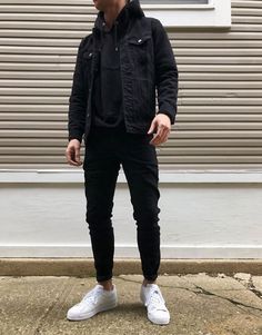 Mens Black Jeans Outfit, Jean Jacket Outfits Men, Black Denim Jacket Outfit, Black Outfit Men, Jean Jacket Outfits, Black Jeans Men, Street Style Outfits Men