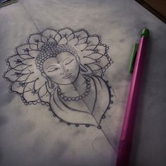 a pencil drawing of a woman with a flower in her hair on paper next to a pink pen