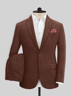 Invest in a sophisticated charm by wrapping our Naples Chestnut Tweed Suit, crafted from pure wool material, which gives off thick, dense, soft textures while blending a lavish spirit to elevate the feel with an attractive brown solid finish. Taking on the vintage aesthetics that genuinely boost the stylish accents with a carved silhouette highlights the impeccable tailoring to arise at elegant venues and destination weddings. 
 
 Look Includes  Naples Chestnut Tweed Fabric  Two Button Jacket St Tailored Brown Suit With Long Sleeves, Tailored Brown Blazer, Luxury Brown Tweed Jacket With Notch Lapel, Classic Brown Suit With Long Sleeves, Classic Brown Long Sleeve Suits, Luxury Wool Brown Blazer, Luxury Brown Tweed Blazer, Brown Tweed Jacket For Business, Brown Tweed Jacket With Notch Lapel For Work