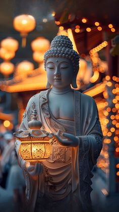 a buddha statue holding a lantern in front of a building with many lights on it