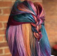 Vibrant Underneath Hair Color, Two Tone Bright Hair Color Ideas, Dark Hair With Vibrant Color, Vivid Underneath Hair, Rainbow Bob Hair, Jewel Toned Hair, Subtle Fashion Hair Color, Brown Hair With Rainbow Highlights, Copper And Teal Hair