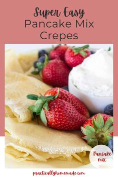 pancakes with whipped cream and strawberries on top