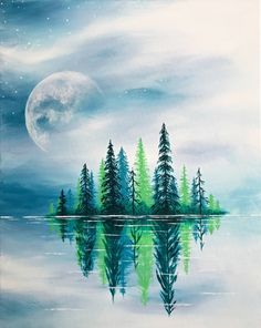 an acrylic painting of trees and the moon reflecting in water with blue sky