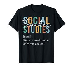 a black t - shirt with the words social studies in different colors and styles on it