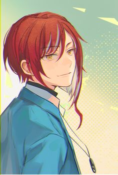 an anime character with long red hair and blue shirt looking to the side, in front of