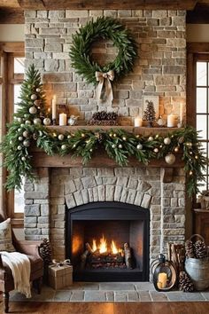 a fireplace decorated for christmas with wreaths and candles