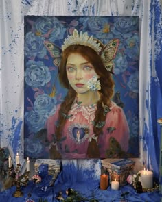 a painting of a girl with flowers in her hair