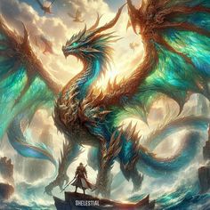 a painting of a dragon sitting on top of a boat in the middle of water