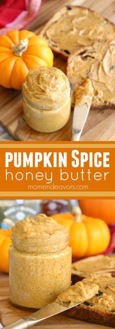 pumpkin spice honey butter in a glass jar and on a cutting board next to sliced pumpkins