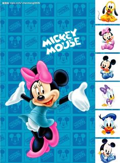 the mickey mouse character poster is shown in various colors and sizes, including pink, blue,