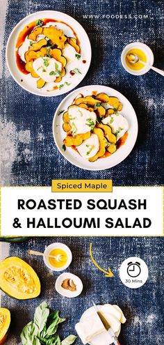 roasted squash and hallowi salad on a blue surface with the title above it