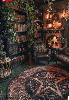 a living room filled with furniture and lots of books on the shelves next to a fire place