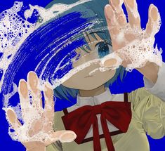 an anime character with blue hair holding up their hands