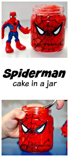 the spiderman cake in a jar is ready to be eaten and put into it