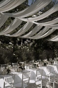 an outdoor dining area with white chairs and tables covered in sheer draping, surrounded by greenery