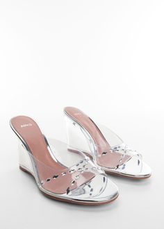 Transparent vinyl wedge sandal - Women | Mango USA Clear High Heel Wedge Sandals For Party, Clear Wedge Sandals For Party, Summer Party Clear Wedge Sandals, Chic Clear Wedge Heel Sandals, Clear Wedge Sandals For Spring Party, Party Wedge Heels With Clear Strap, Spring Party Clear Wedge Sandals, Party Heels With Clear Strap And Wedge Heel, Party Wedge Sandals With Contrasting Heel Counter