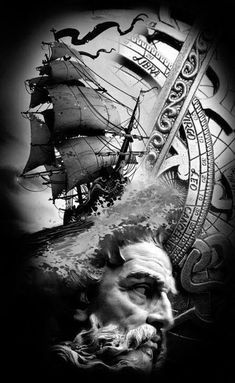 a black and white photo of a man with a beard next to a pirate ship