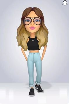 a cartoon girl with glasses and blue jeans standing in front of a white background,